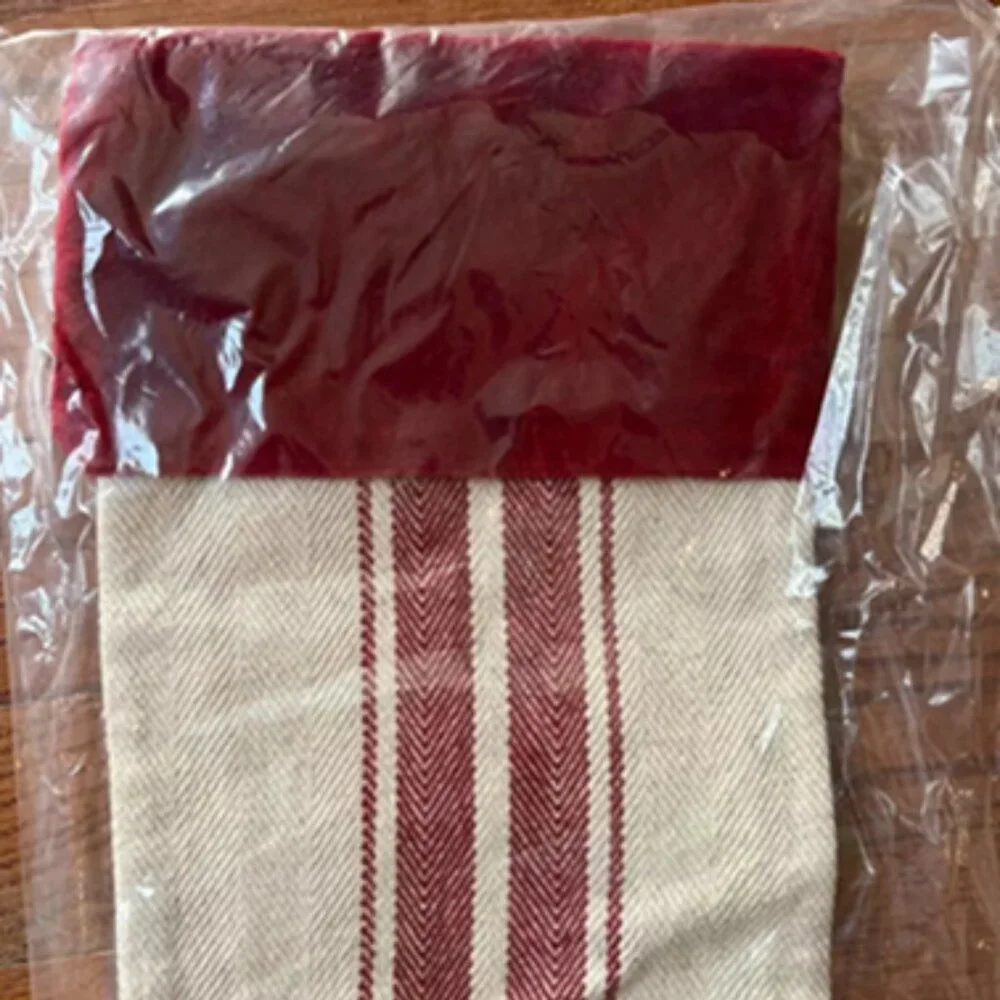 NEW Pottery Barn Grain Sack Stripe Christmas Stocking Flax with Red Cuff Medium
